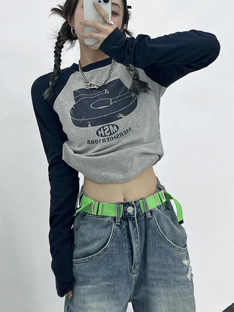 qgtao Y2K Patchwork Tshirts Women Vintage Letter Crop Tops Female O Neck Long Sleeve Top Ladies Fashion Casual Slim Tees Spring Autumn