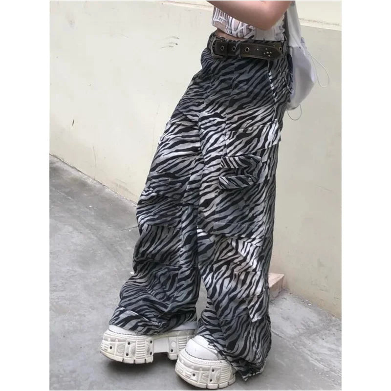 qgtao - 2024 Women's Casual Zebra print Gothic Jeans Vintage Aesthetic Emo Loose Washed Pants Y2K Wide Leg Punk Baggy Denim Trouser