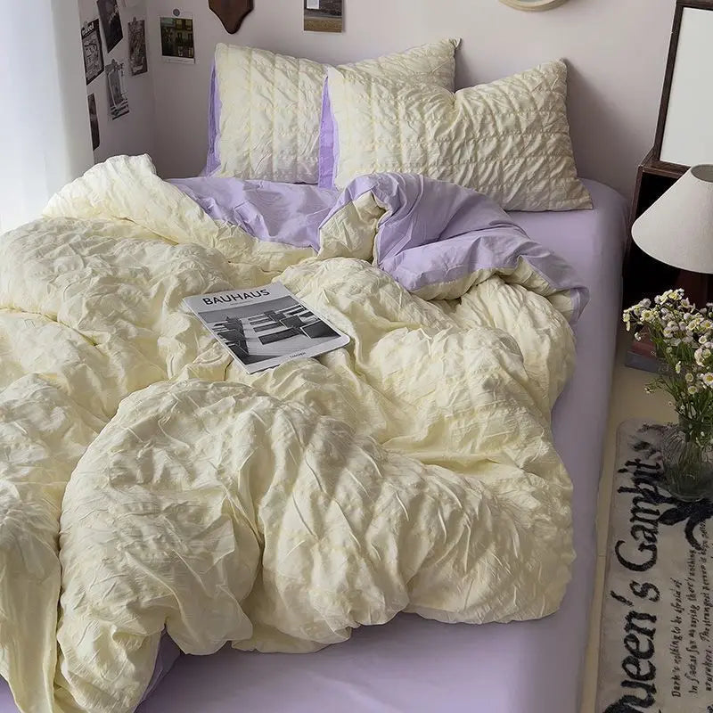 Yeknu Seersucker Princess Girls Bedding Set Duvet Cover Korean Four PIECE Washed Cotton Bed Sheet Cover Quilt Set