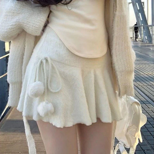 qgtao Coquette White Mini Skirt Women Kawaii Ruffle Patchwork Lace-up Knitted High Waist A-line Fleece Short Skirt Cute Spring