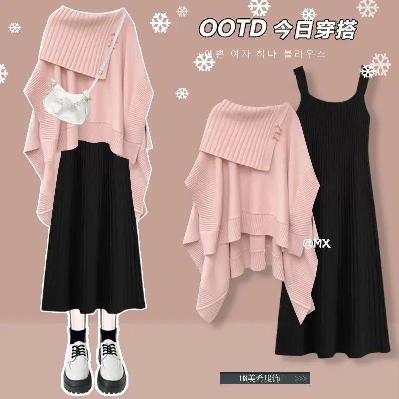 qgtao Korean Fashion Winter Suit Female New Plus Size Women Maillard Personality Loose Knit Sweater Shirt Dress Two-piece Y2k Clothes