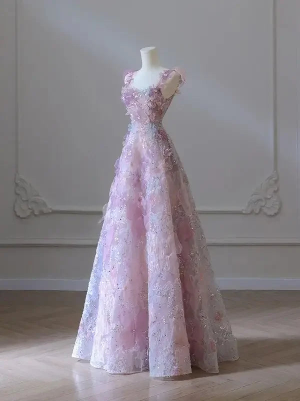 Summer Pink Sequin 3D Floral Embroidery Full Length Sleeveless Princess Mesh Dress Women Evening Party Long Wedding Dress