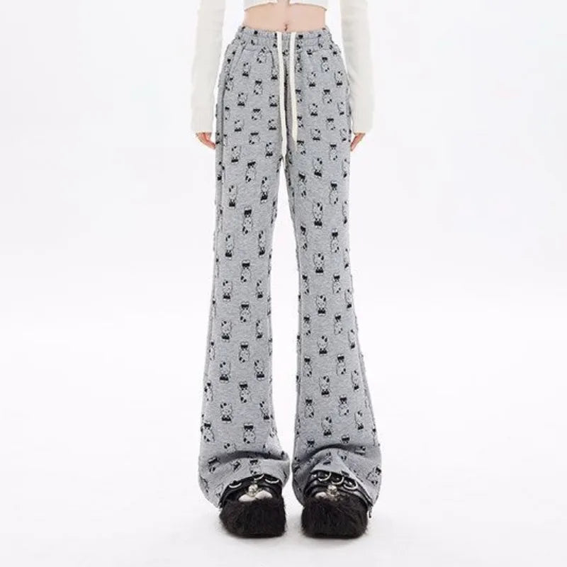 QWEEK Y2K Cartoon Print Sweatpants Women Cute Kawaii loose Casual Drawstring Wide leg pants Streetwear Harajuku High Waist Pants