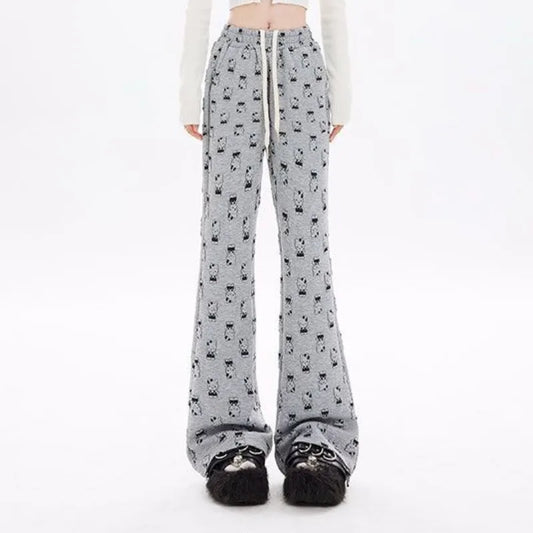 QWEEK Y2K Cartoon Print Sweatpants Women Cute Kawaii loose Casual Drawstring Wide leg pants Streetwear Harajuku High Waist Pants