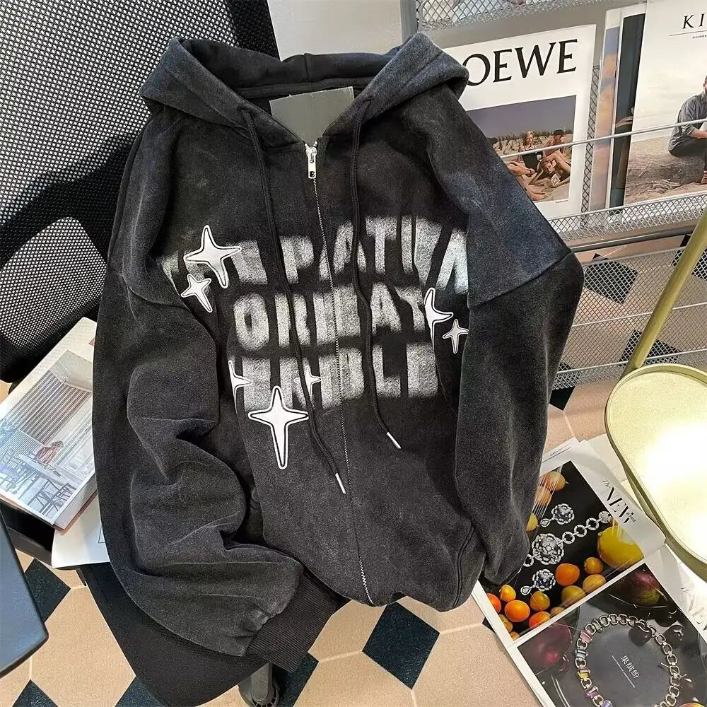 Hooded zip-up letter Print Women's Hoodie Y2k clothing High Street sweatshirts for men Round Neck Hoodies Vintage Dark Coat