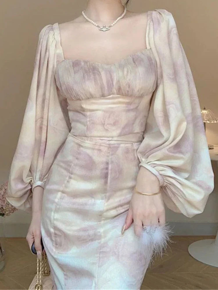 qgtao French Skirt Suit Female Spring Summer New Square Collar Lantern Sleeve Top Slim High Waist Long Skirt Two-Piece Sets Women