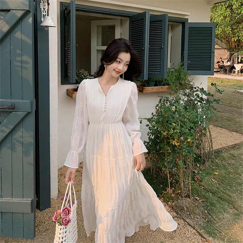 qgtao-Elegant Chic Women White Midi Dress for Autumn 2023 New Chiffon Puff Long Sleeve V-neck Casual Office Lady Cute Fairy Dress