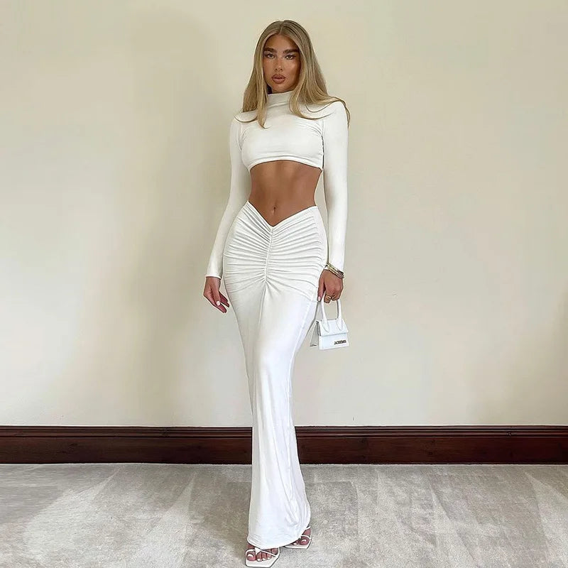 qgtao Sexy 2 Piece Set Outfits for Women Club Party Top and Dress Sets Elegant White Long Sleeve Long Ruched Matching Sets maxi skirt