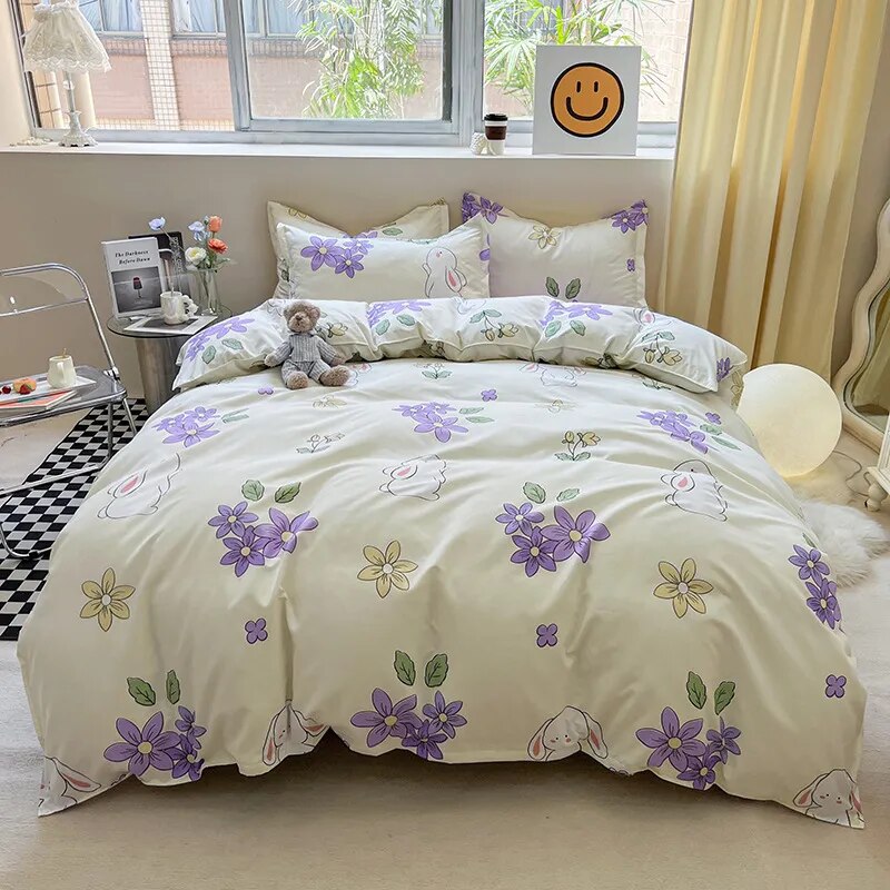 Yeknu - Floral Printed Duvet Cover Set with Sheet Pillowcases Warm Cute Cartoon Bed Linen Full Queen Size Home Gift Bedding Set
