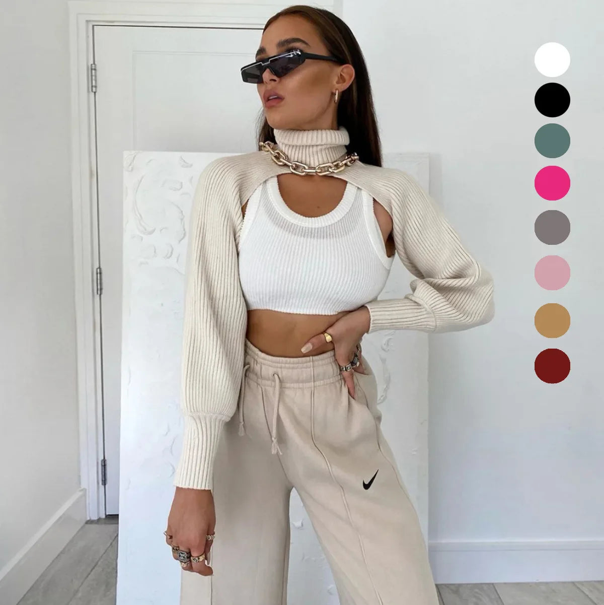 Women Ultra-short Sweater Coat 2022 Autumn Winter Long Sleeve Loose Knitted Crop Tops Solid Color Sexy Cardigan Sweaters Tops