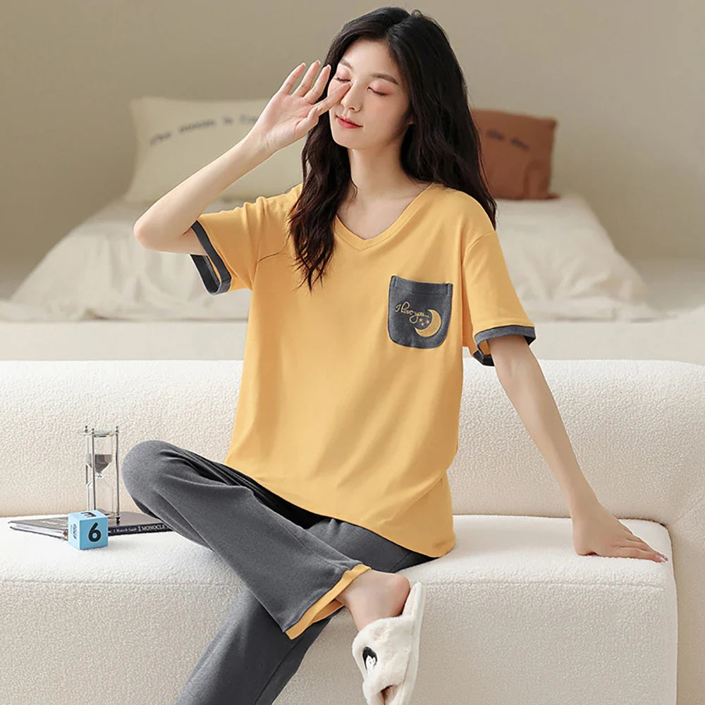 qgtao M-2XL 100% Cotton Women's Pajamas Casual Summer Short Sleeve Thin Pijama Sets Breathable Soft Pajama Sleepwear With Two Pockets