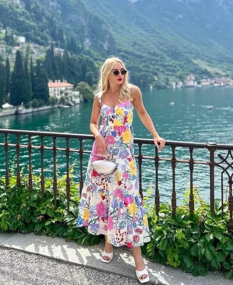 qgtao 2024 Women’s Flower Print Dress Dresses on Sale Clearance Sexy Costume Long Robe Femme Elegant Fashion Summer Party
