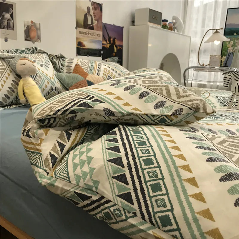 Yeknu - Simple Nordic Bed Four-Piece Set All Cotton Pure Cotton Quilt Cover Bohemian Style 1.5 M1.8 M Apartment Fitted Sheet