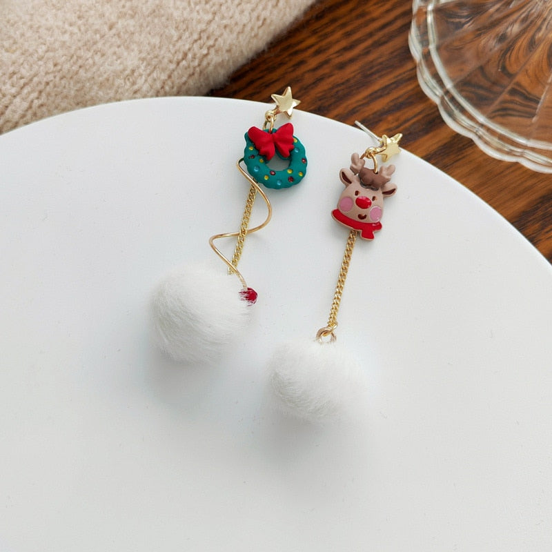 Cute Christmas Elk Dangle Earrings For Women Charm Xmas Deer Star Bowknot Round Ball Drop Earring Girls New Year Party Jewelry