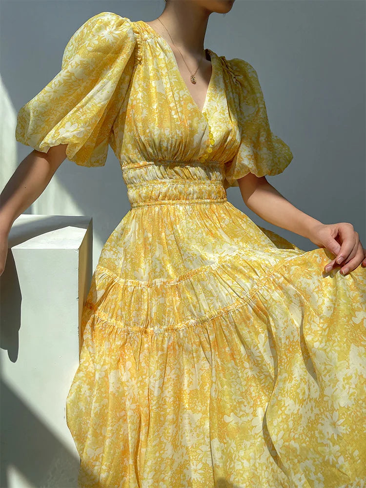 French Floral Printed Puff Sleeve Beading Midi Dress Women V Neck Elegant Slim Waist Party Dresses Fashion Summer