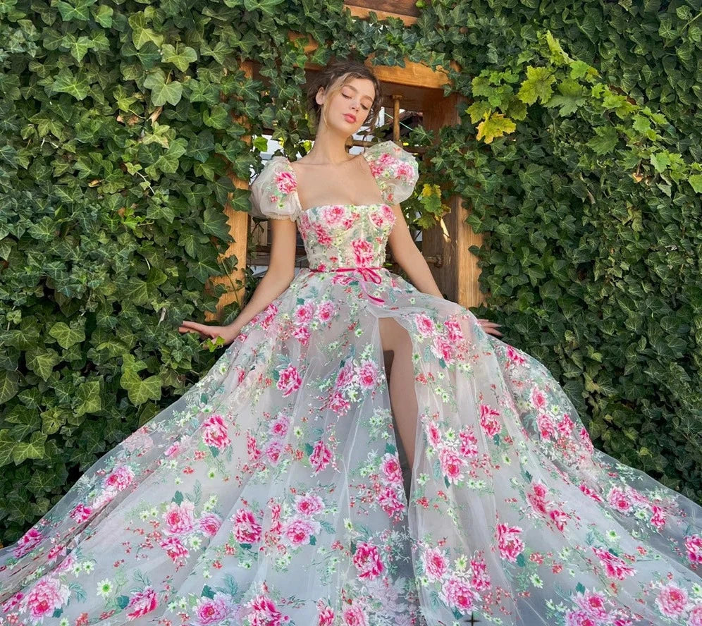 Handmade Sweet Prom Dress Luxury Lace Embroidery Evening Dress Short Sleeve A-line Prom Gown