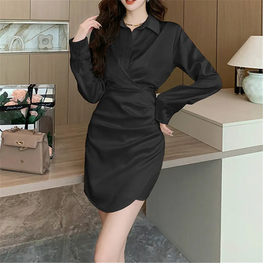 qgtao-2023 New French Vintage Sexy Satin Mini Dress for Women Long Sleeved V-neck Waist Slim Office Lady Elegant Prom Female Dresses
