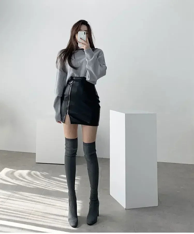 qgtao Black Mini Sexy Skirt Sexy High Waist Package Hip Pencil Skirt Women Korean Fashion Pu Faux Leather Split Zipper Short Skirts