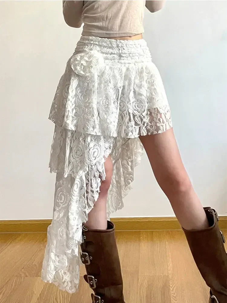 qgtao Lace Irregular Skirts Y2k Aesthetic Bohemian Beach Casual Design Casual Ruffled Fairy Sexy Harajuku Skirts 2024 Spring