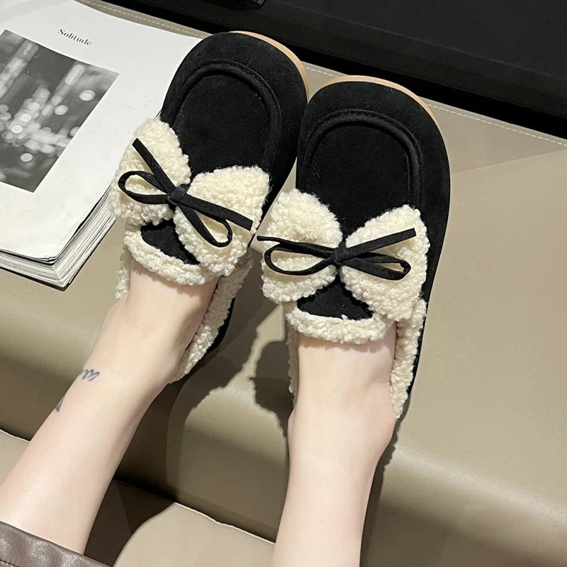 qgtao Bow Fur Women Cotton Shoes Flats Loafers Warm Snow Boots 2024 New Winter Casual Suede Shoes Fashion Short Plush Zapatillas Mujer