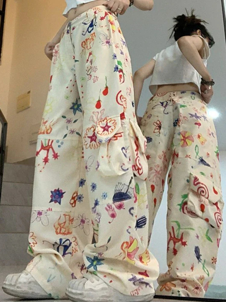 qgtao - Vintage Baggy Cargo Pants Women Y2k Fashion Straight Flower Pattern Low Waist Casual Sweatpants Hip Hop Slouchy Trousers