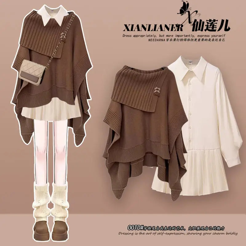 qgtao Korean Fashion Winter Suit Female New Plus Size Women Maillard Personality Loose Knit Sweater Shirt Dress Two-piece Y2k Clothes