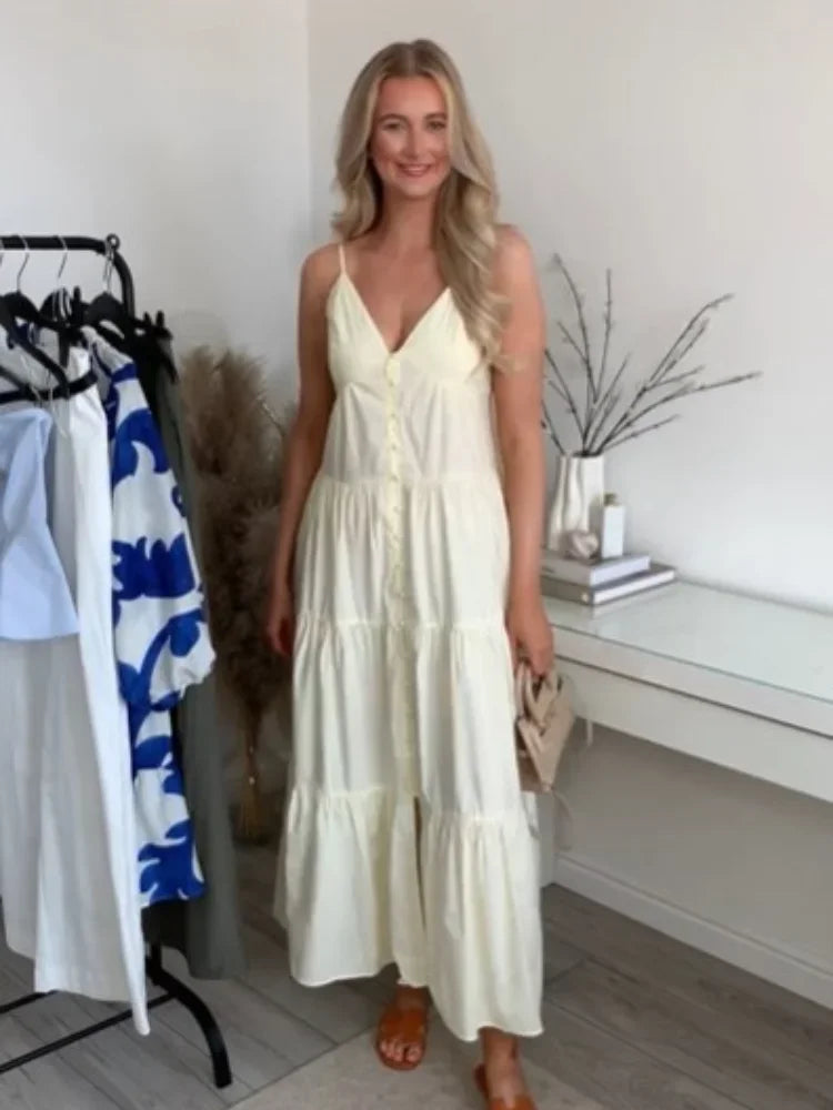 qgtao  -  Summer Women Sexy Sleeveless Backless Pleated Hem Maxi Dress Female Elegant Solid Single-breasted Strap Dresses Lady Partywear