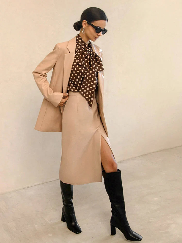 2024Women Sexy Midi Leather Skirts Solid Black High Waist Office Pencil Slit Skirt For Women