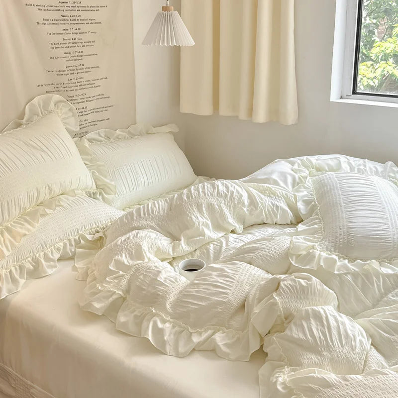 Yeknu Ins Style Korean Lace Seersucker Washed Cotton 4-piece Bed Sheet Quilt Cover Solid Color Duvet Cover For Girl Spring Decor Home