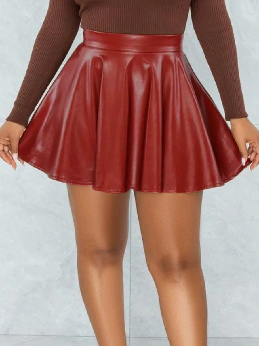 qgtao Basic Mid Waist Flare Super Short Skirt Sexy Solid Color PU Leather Swing Women Miniskirts Zipper Fly Daily Loose Dress