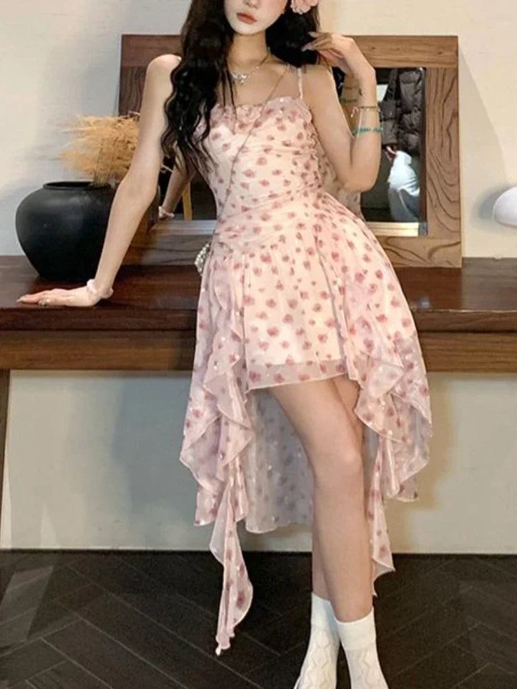 qgtao Autumn Korean Floral Midi Dress Women Sweet Chic Irregular Printing Fairy Strap Dress Fashion Princess Evening Party Dress 2024
