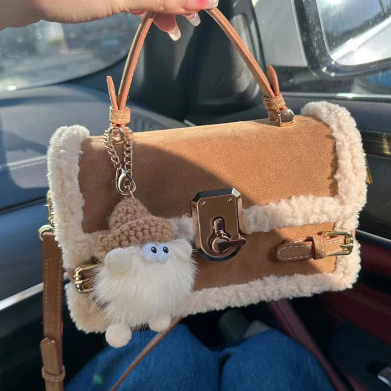 qgtao High Appearance Lamb Wool Bag Autumn Winter New Style All-In-One Handbag Senior Patchwork Crossbody Bags Suede Commuter Bag
