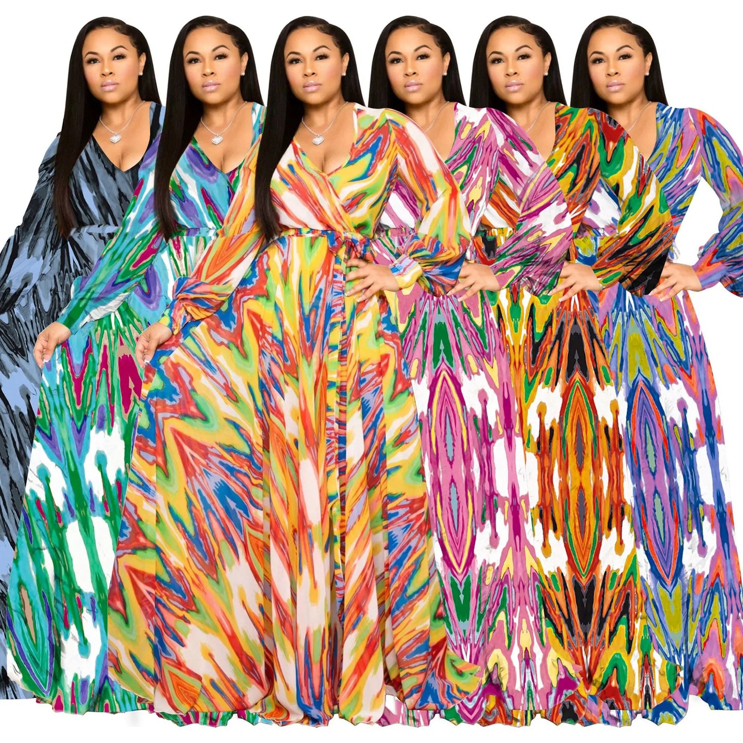qgtao Beach Chiffon Long Dresses Women's Clothing Plus Size Dresses 2024 Autumn Urban Casual Fashion Print Large Swing Dress