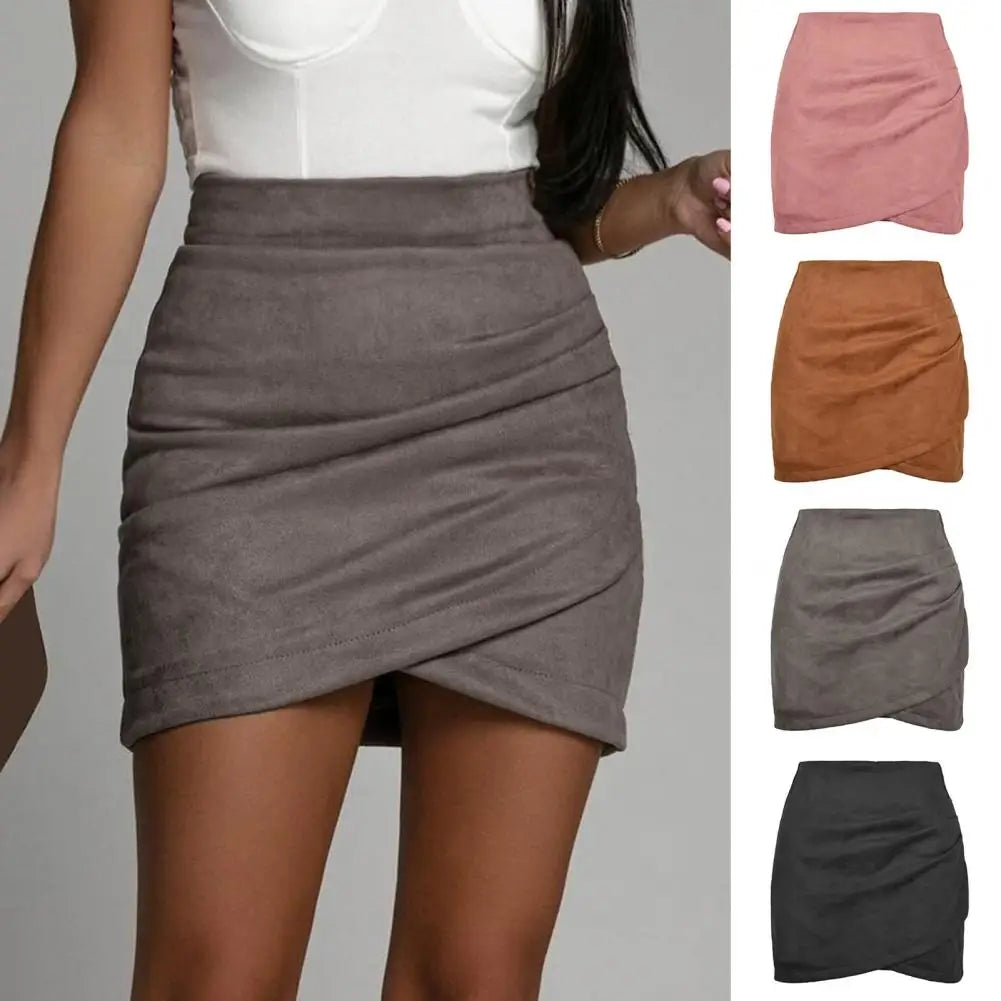 qgtao Chic Mini Skirt Colorfast Bodycon Skirt Zipper Closure Office Lady Sexy Pleated Suede Pencil Short Skirt  Versatile
