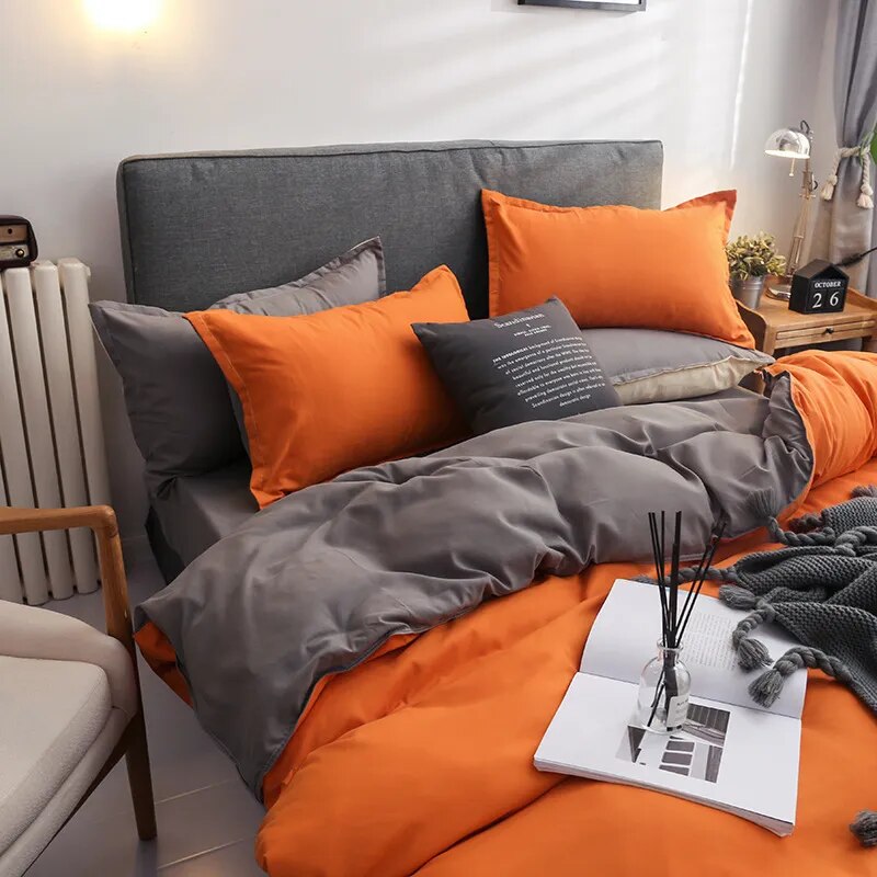 Yeknu - Solid Color Bedding Set Orange Grey Single Double Size Bed Linen Duvet Cover Pillowcase No Fillings Kids Adult Home Textile