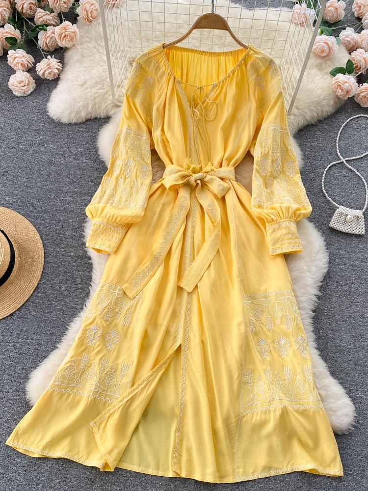 French Style Long Sleeve Embroidered Dress