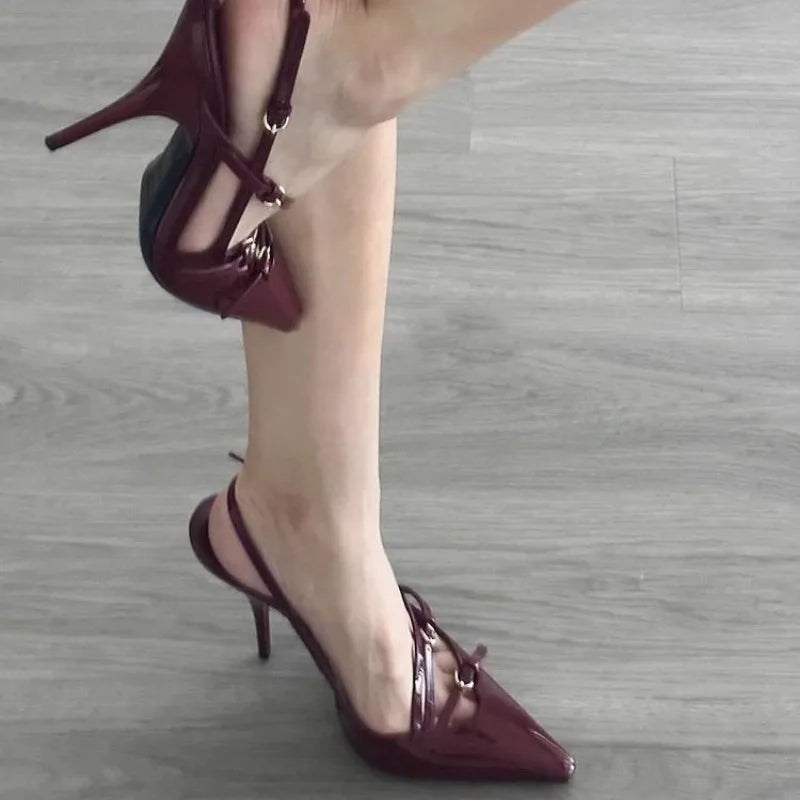 qgtao 2024 Summer New High Heels, Women's Sexy Hollow Black Silk Pointed One-line Buckle Skinny Heel Sandals, Women's Shoes