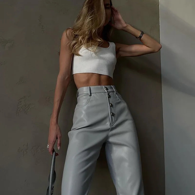 qgtao Fashion White PU Leather High Rise Pants Street wear Casual Button Up Straight Leg Pants for Women Trousers Pants