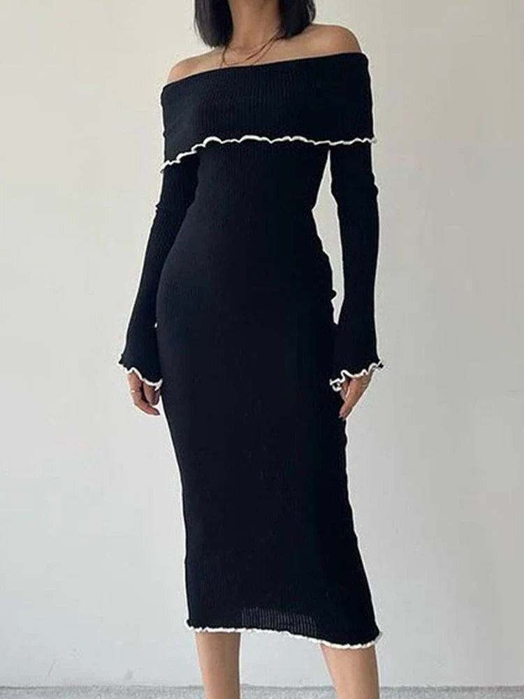 Long Dress Women Elegant Sexy Slim Slash Neck Dress Autumn Fashion Bodycon Midi Dress Lady Casual Contrast Color Party Dress