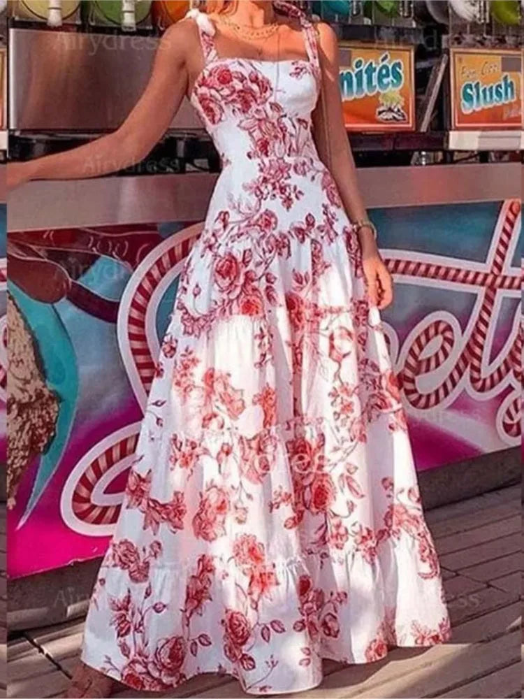 qgtao Long Dresses For Women Flower Printed Spaghetti Strap High Waist Large Skirt Hem Ladies Maxi Dress 2023 Summer Boho Beach Party