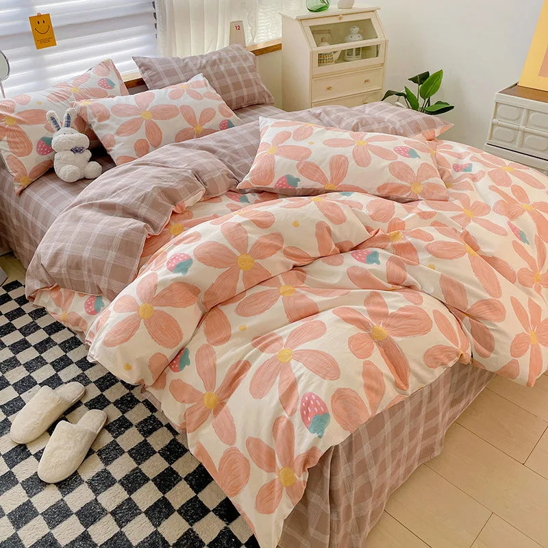 Yeknu Cotton Bedding Set Pastoral Style Floral Bear Fitted Sheet Duvet Cover Pillowcase Fashion Cartoon Boy Girls Dormitory Bedclothes