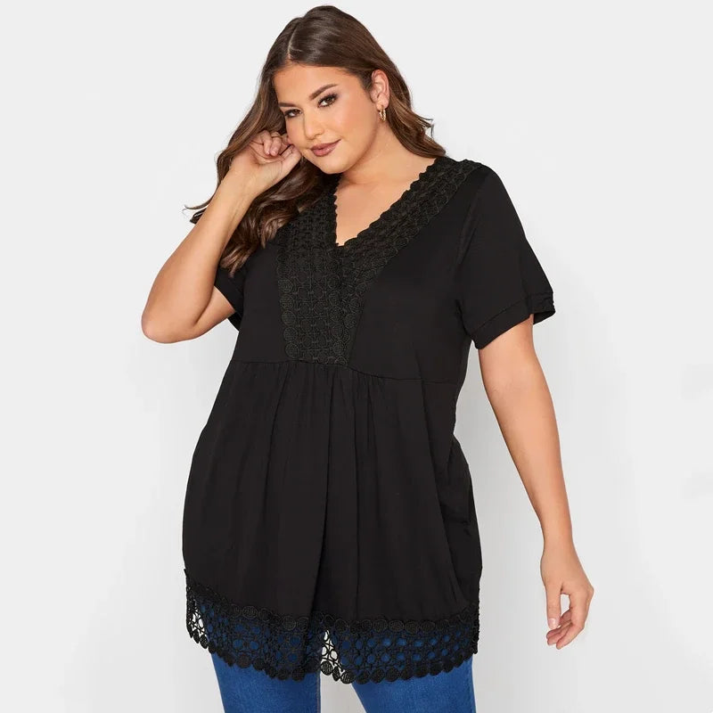 qgtao Plus Size Summer Elegant Peplum Tunic Women Short Sleeve Lace Panel V-neck Casual Blouse Top Plus Size Women Clothing 5XL 6XL
