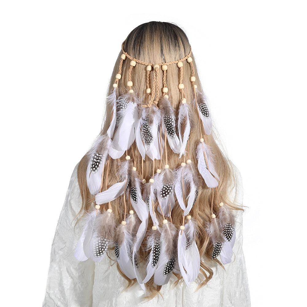 Fashion Boho Style Feather Headband Hairpiece Beads Feather Headdress Handmade Girls Hair Accessories High Quality