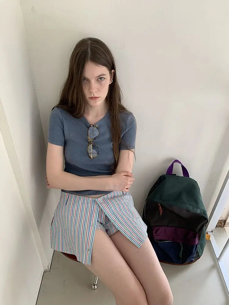 qgtao - Summer Stripe Shorts Women Y2k Causal Baggy Low Waist Korean Straight Half Pants Streetwear Fashion Female Short Skirts