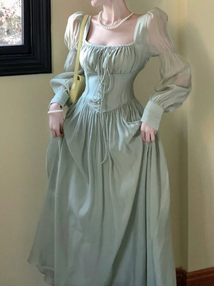 qgtao Autumn New Princess Midi Dresses for Women Square Collar Slim Waist Puff Sleeve Vintage Chic Female Clothing One Piece Vestido