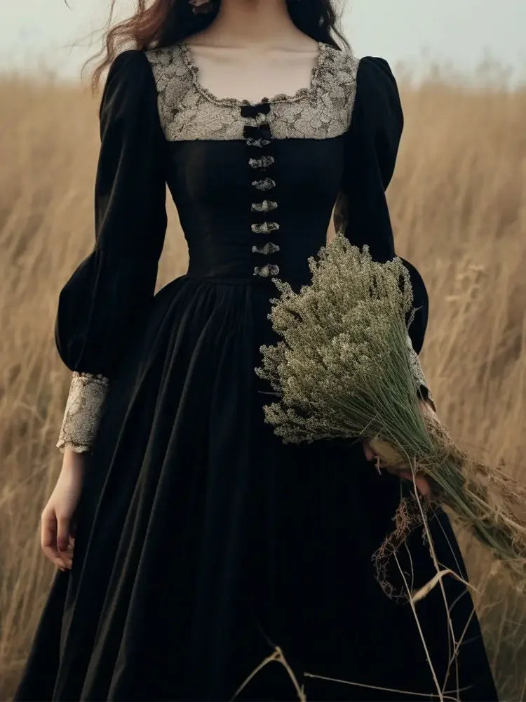 qgtao French Hepburn Style Black Vintage Dress Autumn 2024 New Elegant Patchwork Square Collar Long Sleeve A-line Maxi Dress for Women