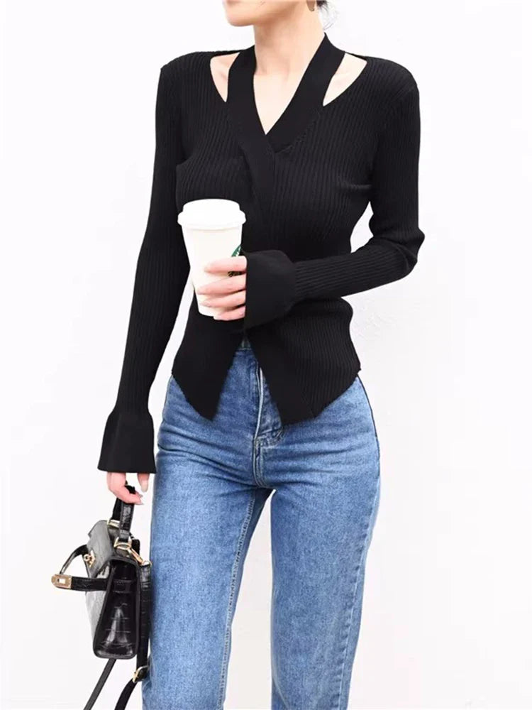 qgtao Women's Blouse Chic Hollow out Sexy knitted Pullovers for Autumn Female Korean Clothing Solid Full Sleeve Bottoming Shirt