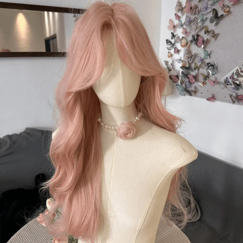 qgtao - Pink wigs for Women Dense Long Wave Cospaly Lolita Daily Party Synthetic Wig with Bangs Fake Hair High Temperature Wigs