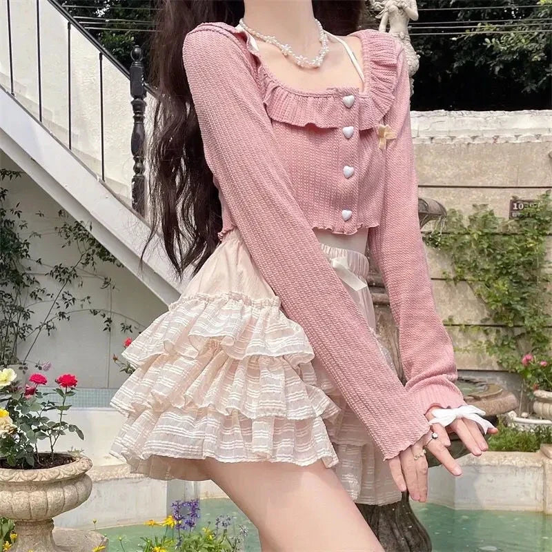 qgtao Kawaii Cute Ruffle Skirt Women Pink Lolita High Waist Lace Patchwork Fairycore Mesh A-line Mini Skirt Summer Mori Girl