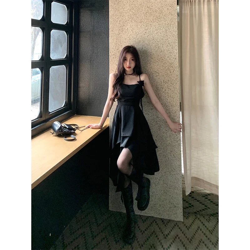 qgtao  Y2K Irregular Midi Dress Women Gothic Black Sexy Strap One Pieces Dresses Korean Party Prom Elegant Bodycon Vestidos New